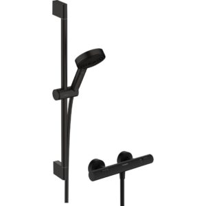 Душевой набор hansgrohe Pulsify Select S 105 3jet Relaxation EcoSmart с термостатом Ecostat Fine и душевой штангой 65 см 24262670 матовый черный-фото1