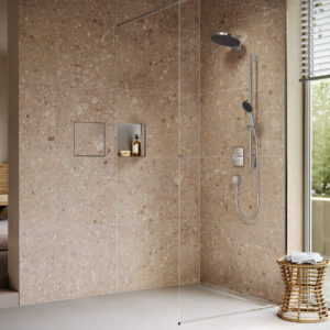 Полка ниша встраиваемая hansgrohe XtraStoris Rock с дверью под плитку30х30х10 см 56085800 под сталь-фото2