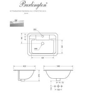 Встраиваемая раковина Burlington Contemporary B13 1TH размер 540*422-фото4