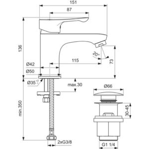 Смеситель для раковины Ideal Standard ALPHA BC814AA донный клапан цвет хром-фото2