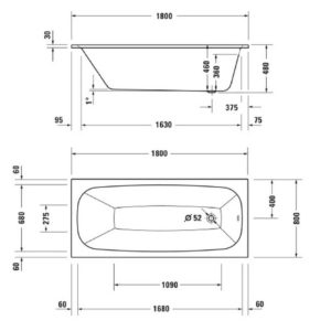 Ванна прямоугольная из композита Duravit Aurena 700549000000000 материал Durocast белый матовый 180х80-фото2